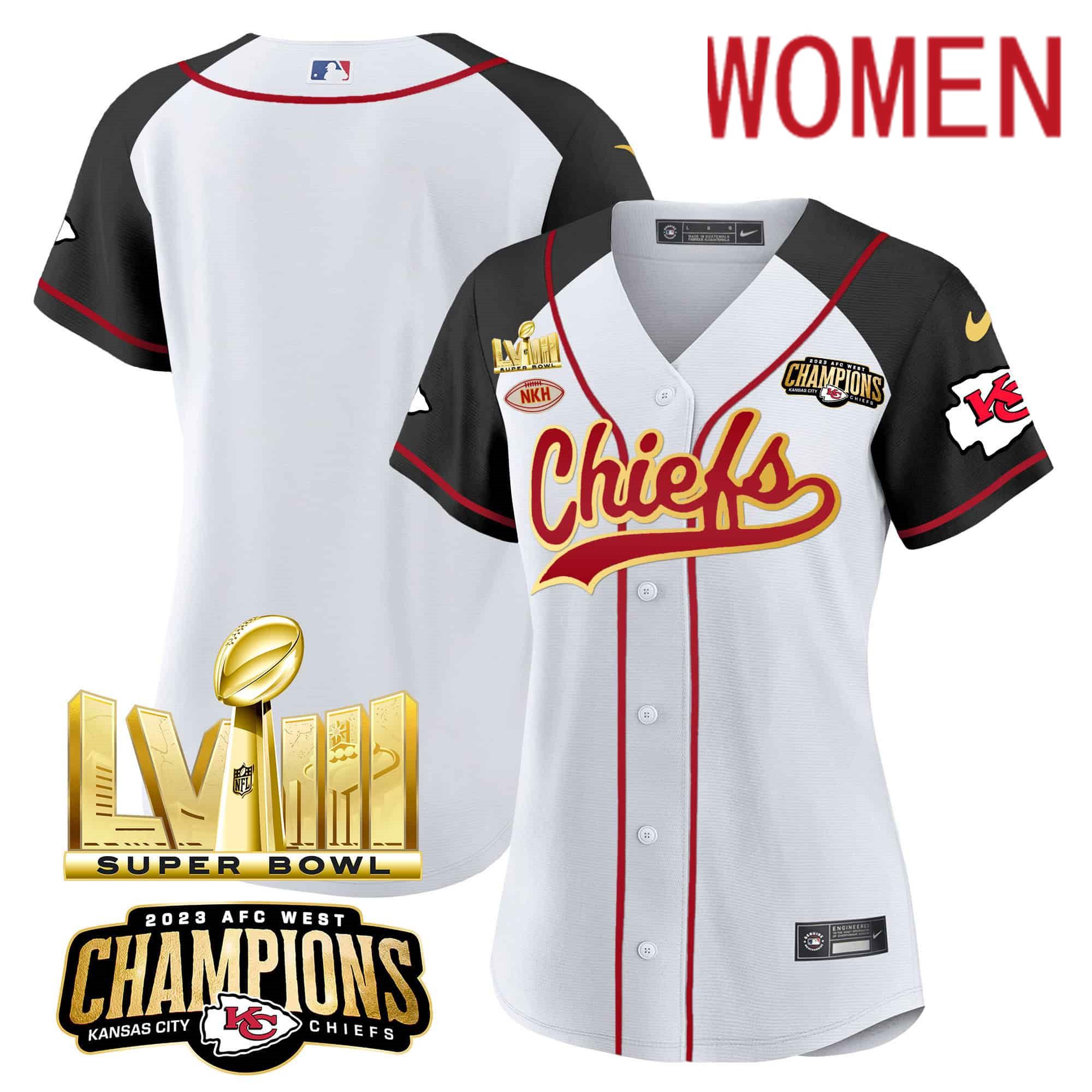 Women Kansas City Chiefs Blank White 2024 Nike Super Bowl LVIII Back-2-Back Gold Patch Baseball NFL Jersey style 1